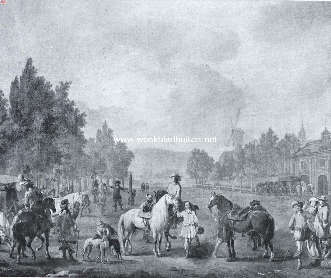 Het paard in de beeldende kunst. De rijschool. Naar de schilderij van Joh. Lingelbach in het Rijksmuseum