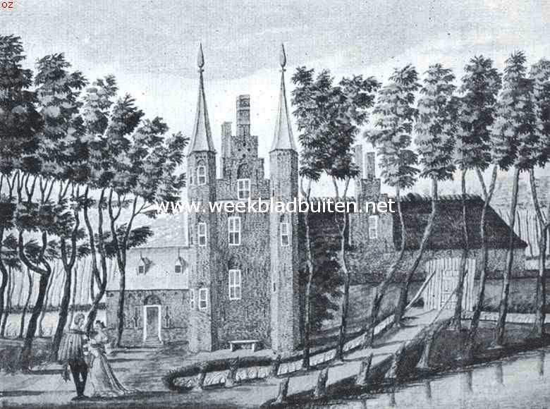 Verdwenen kasteelen om en in Rotterdam. Het Huis Spieringhoek, voorzijde in 1500. Naar een teekening van J. Kortebrant op het gemeente-archief te Rotterdam