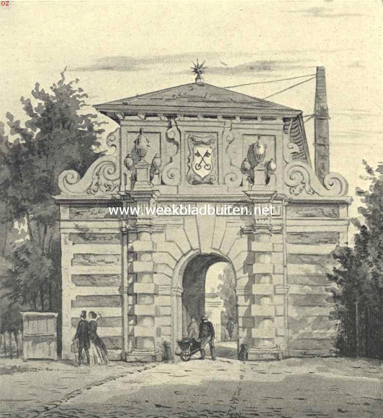 De poorten van Leiden. De Rijnsburgsche Poort, stadszijde. Naar een teekening in kleuren (midden 19e eeuw) in het gemeentearchief