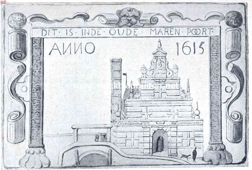 De poorten van Leiden. De Oude (Tweede) Marepoort, gebouwd 1615, gesloopt 1664. Naar een ten archieve berustende teekening in O.-I. inkt van den gevelsteen in het hoekhuis Mare-Oude Vest