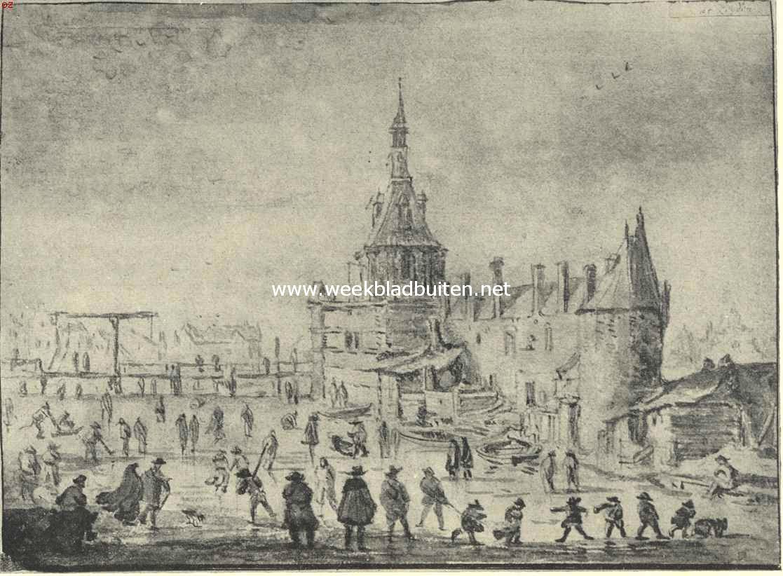 De poorten van Leiden. De Oude Rijnsburgsche- of Blauwpoort, gebouwd 1603, gesloopt 1735. Naar de teekening van E. van de Velde in het gemeentearchief