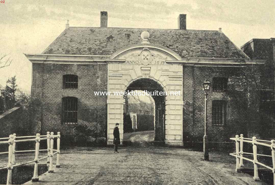 De poorten van Leiden. De Buitenste Hoogewoerdspoort, gebouwd in 1659, gesloopt in 1867, opgetrokken naar 't model van de Oude Hoogeweordspoort bij de Kraaierstraat