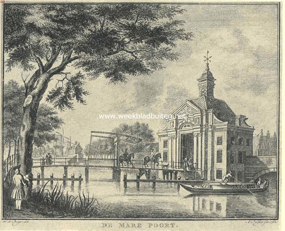 De poorten van Leiden. De (Derde) Marepoort; gebouwd in 1664, gesloopt in 1864. Naar de gravure in Van Mieris kroniek