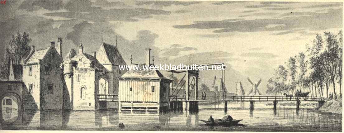 De poorten van Leiden. De Oude Koepoort, buitenzijde, omstreeks 1660. In 't verschiet de Walmuur met de torens Bourgondi en Oosterijk, welke laatste is behouden gebleven. Naar de teekening in het gemeente-archief te Leiden