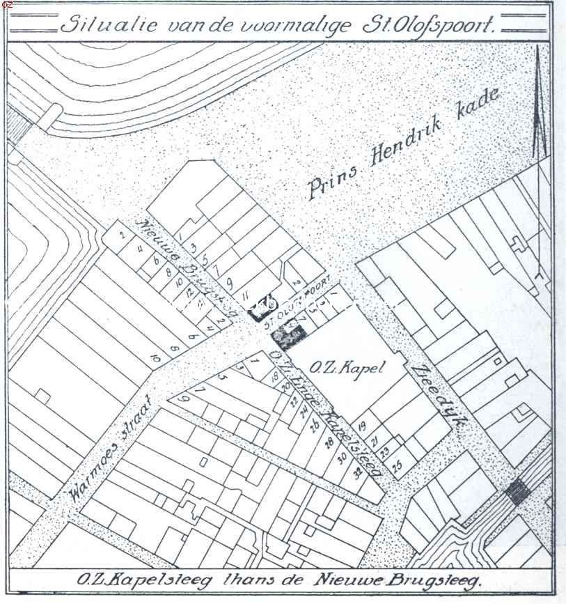 Situatie van de voormalige St. Olofspoort. O.Z. Kapelsteeg thans Nieuwe Brugsteeg