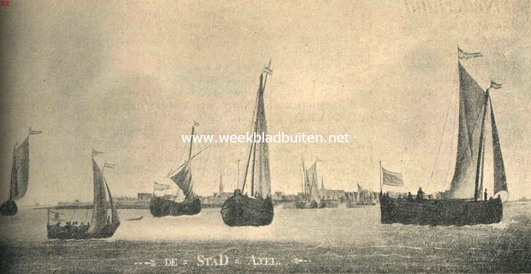 Zeeuwsch-Vlaanderen. Gezicht op Axel omstreeks 1600. Naar de schilderij in het Stadhuis te Axel