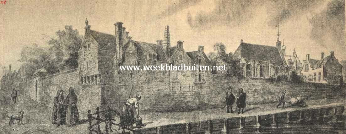 Verdwenen kloosters in Rotterdam. Het Bagijnhof-Cellebroedersklooster aan de Slijkvaart en Cellebroederssteeg te Rotterdam, omstreeks 1500. Naar een teekening, berustende op het gemeente-archief te Rotterdam