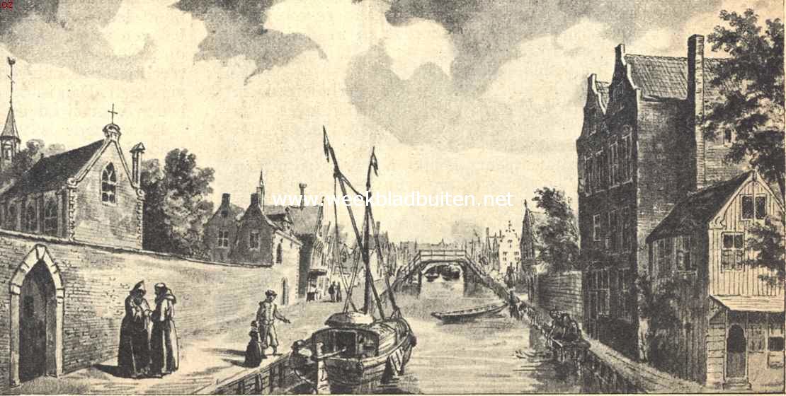 Verdwenen kloosters in Rotterdam. De Delfsche Vaart, van het Cellebroedersklooster naar de Spuisluis gezien, omstreeks 1550. Naar een teekening, berustende op het gemeente-archief te Rotterdam