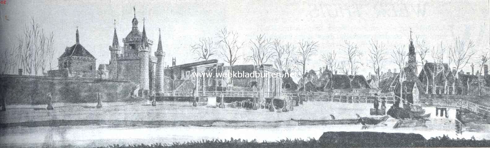 Alkmaar. Gezicht op de Friesche Buiten- en Binnenpoorten, van de Stadsgracht. Binnenpoort gesloopt 1802, Buitenpoort 1835. Naar de teekening in kleuren van J.A. Crescent (1802) in de prentenverzameling te Alkmaar