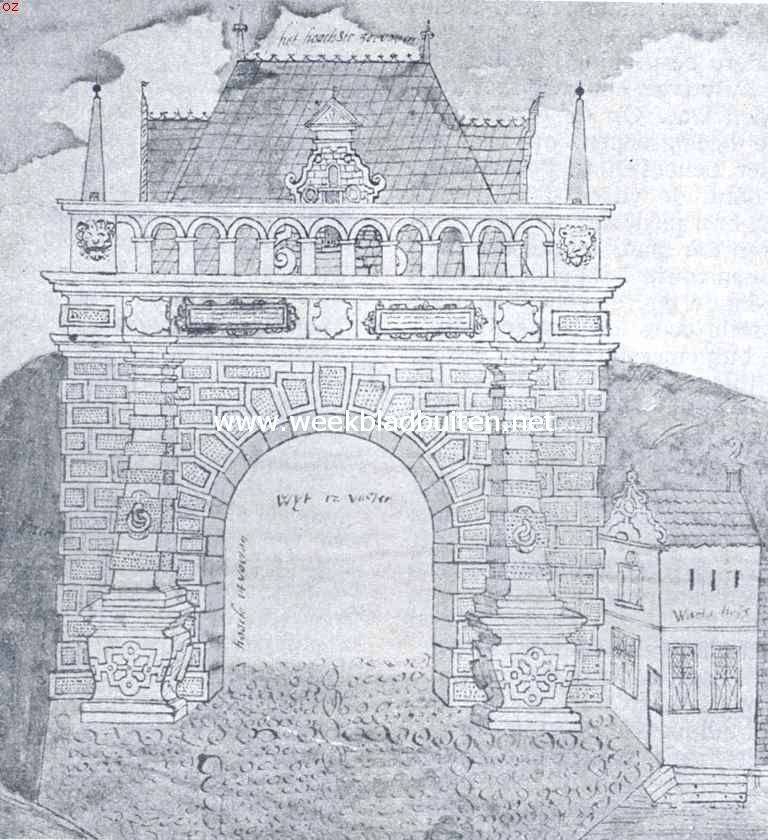 Alkmaar. De Oud-Friesche Poort van 1528, verwoest tijdens het beleg in 1573. Naar de teekening in de prentenverzameling  te Alkmaar