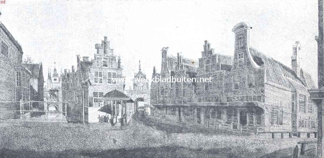 Alkmaar. Gezicht op de Friesche Buiten- en Binnenpoorten, stadszijde. Naar de teekening van J.A. Crescent in de prentenverzameling te Alkmaar