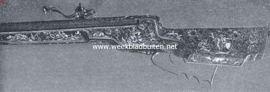 Rijnhuizen bij Jutphaas. Rijk versierde geweerkolf in de wapen-verzameling van Rijnhuizen 1