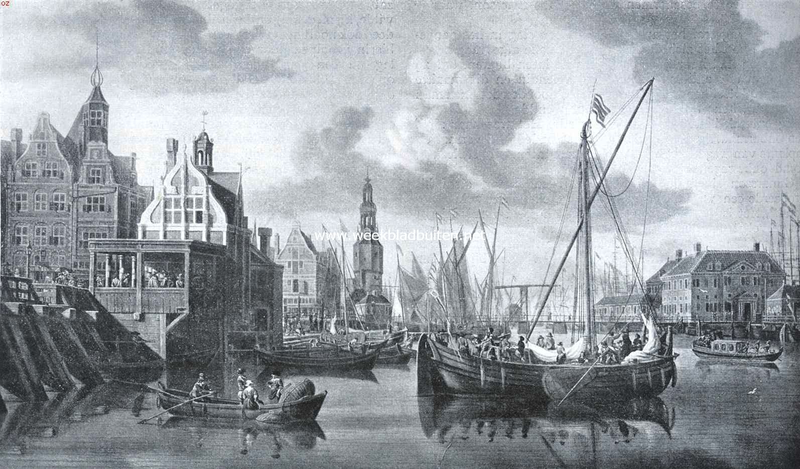 Een schitterend IJ-gezicht van Jan Stork. Gezicht uit het Y op de stad Amsterdam bij Damrak en Nieuwebrug. Naar de schilderij (van omstreeks 1680) door J. Stork, onlangs in het buitenland aangekocht en thans in particulier Nederlandsch bezit