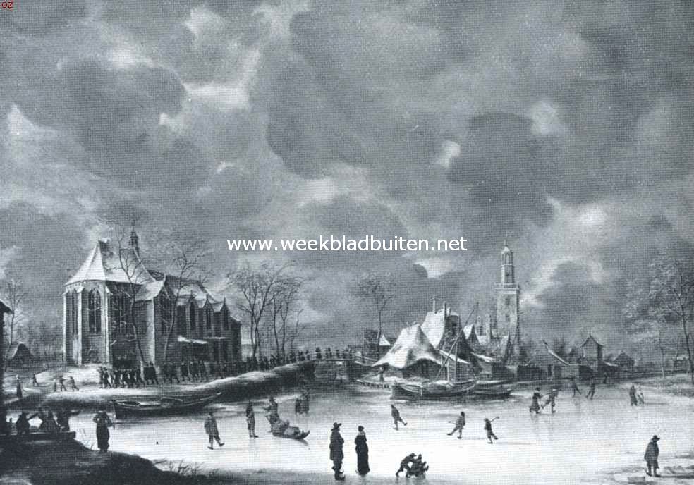 Gezicht op Nieuwkoop, met links, de in 1821 afgebroken kerk. Naar de schilderij van J. Beerstraten in 't bezit van den heer A.W. Mensing