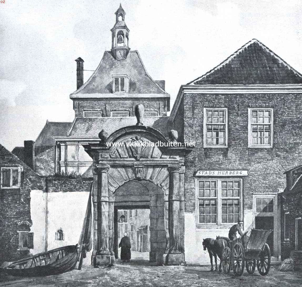 Dordrecht's stadspoorten. De Rietdijksche poort, buitenzijde, gesloopt in 1832-'33. Naar een teekening in het gemeentearchief te Dordrecht