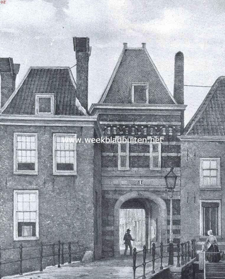Dordrecht's stadspoorten. De St. Jorispoort, buitenzijde. Afgebroken in 1874. Naar een teekening in het gemeentearchief te Dordrecht