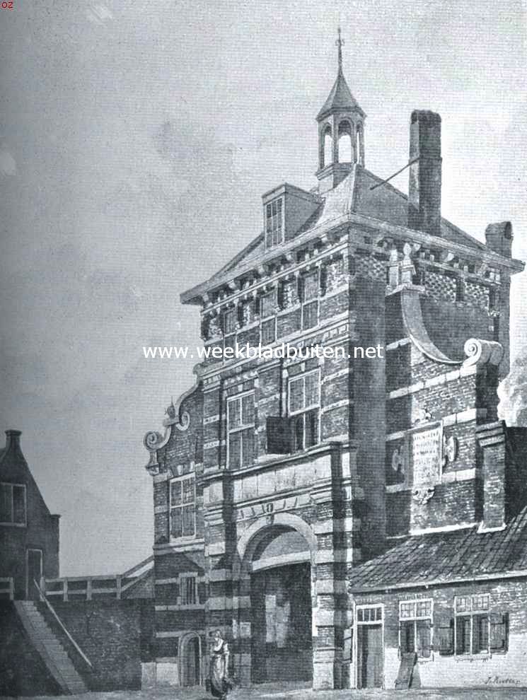 Dordrecht's stadspoorten. De Spuipoort, afgebroken in 1874. Binnenzijde. Naar een tekening in het gemeentearchief