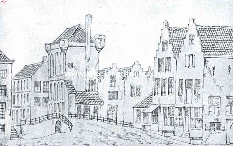 Dordrecht's stadspoorten. De oude middeleeuwsche Vuilpoort of Gevangenpoort in 1740, als woonhuis ingericht. Naar een tekening in het gemeentearchief
