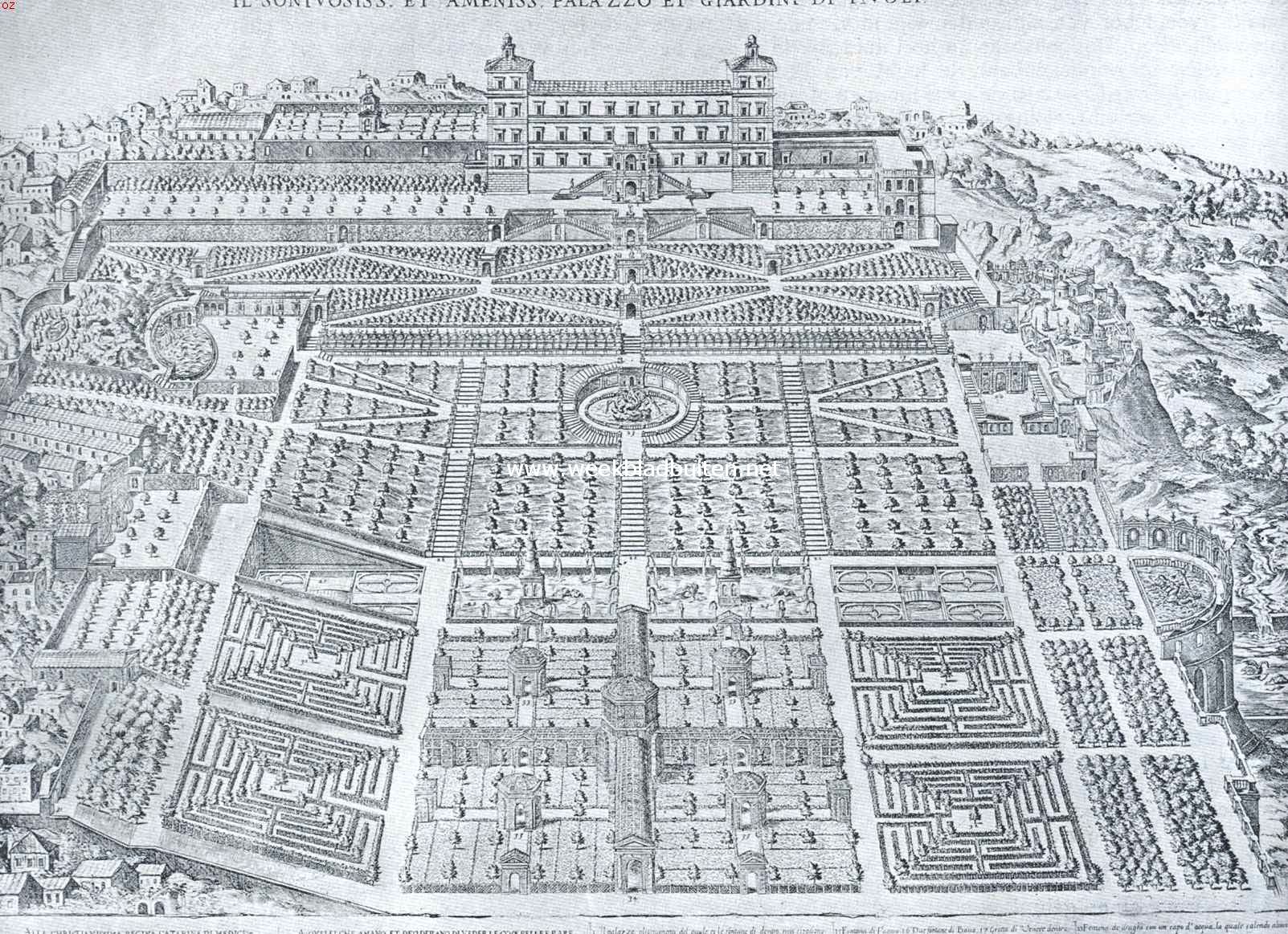 De oorspronkelijke tuinaanleg van de Villa d' Este. Naar een gravure van Etienne du Perac (1573)
