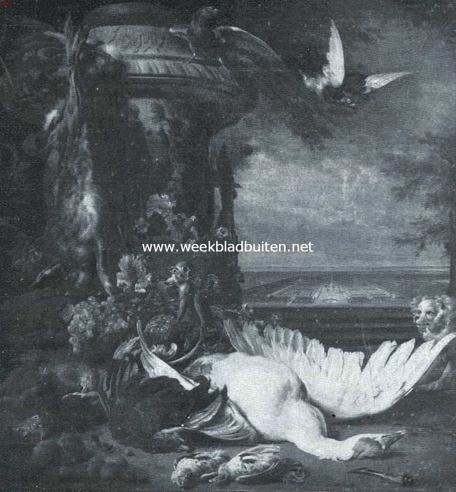 Stilleven. Op den achtergrond de buitenplaats Rijksdorp. Naar de schilderij van J.B. Weenix in het Rijksmuseum