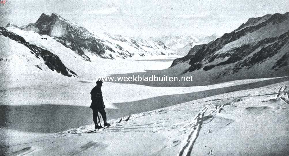 De hoogste bergspoorwegen. Jungfraujoch, enkele schreden van het eindstation van de Jungfraubahn (3457 M.) verwijderd. In 't vershiet de Aletschgletscher, de langste gletscher der Alpen (20 K.M.)