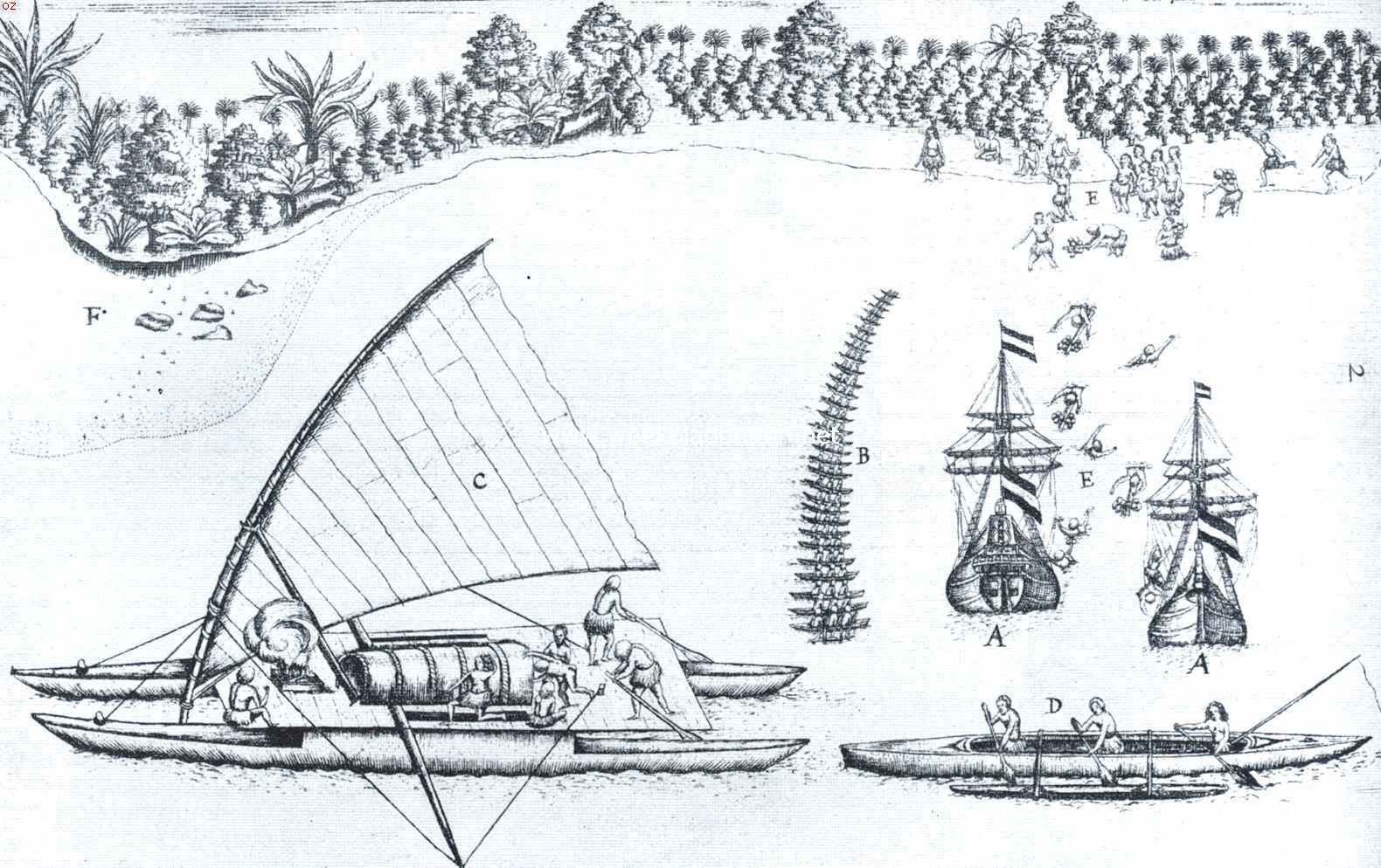 Eilandjes in den Grooten Oceaan. Schetskaart van de Van Diemens Reede op het eiland Amsterdam (Tongabatoe) uit Abel Jansz. Tasman's Journal of his Discovery of Van Diemens Land and New Sealand in 1672, edited by J.E. Heeres and C.H. Coote, 1898
