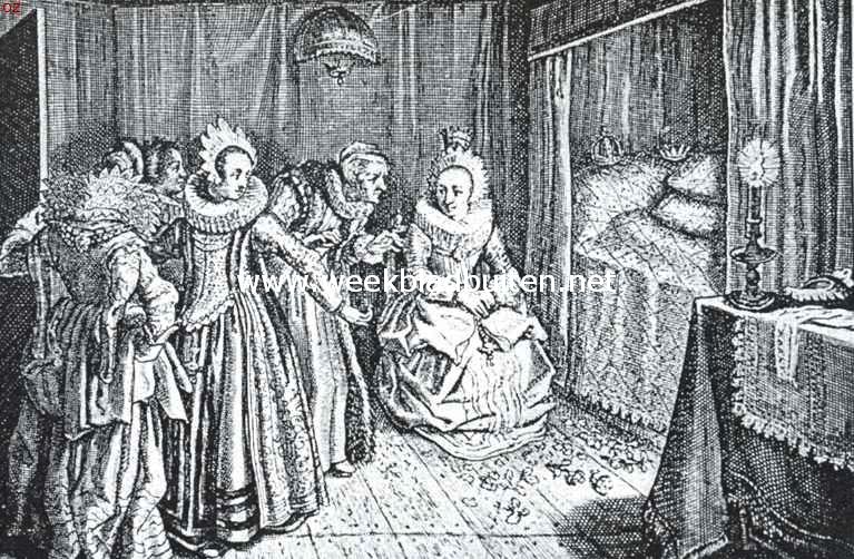Bruid en bruidsbed (1624). Op de kussens van het bed liggen de bruidegoms- en de bruidskroon. Voor het bed zijn bloemen gestrooid. In 't midden: de bruid, den bruidegom wachtend. Links: de bruidsjuffers. Naar een oude prent in het Rijksprentenkabinet