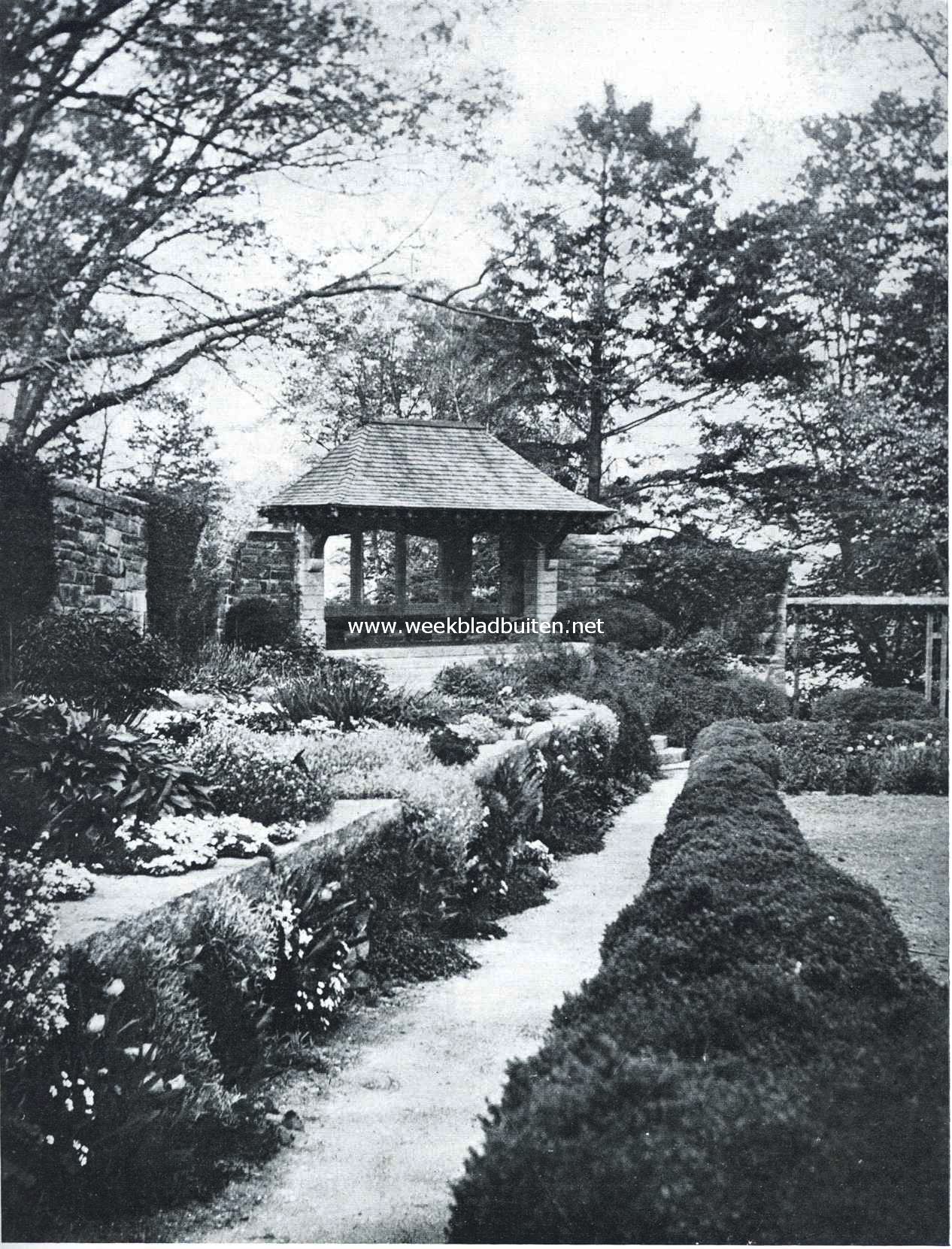 Tuinarchitectuur in Amerika. Beplante muren en heg van oude dwergpalmen. Architecten Olmsted Brothers