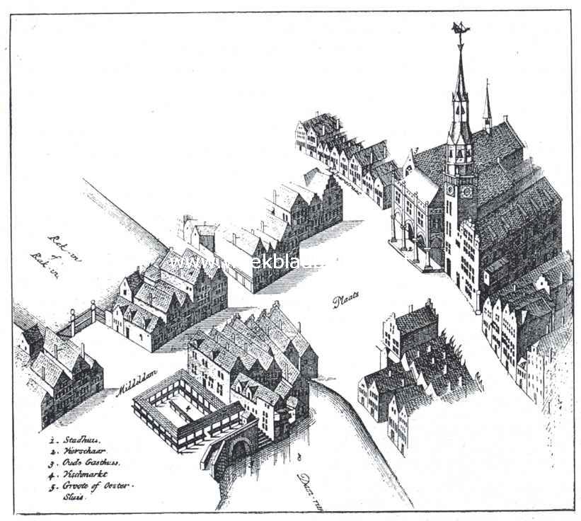 Het Amsterdamsche Stadhuis-Paleis. Amsterdam's oude stadhuis met omgeving in 1544. Gedeelte van den plattegrond van Corn. Anthonisz