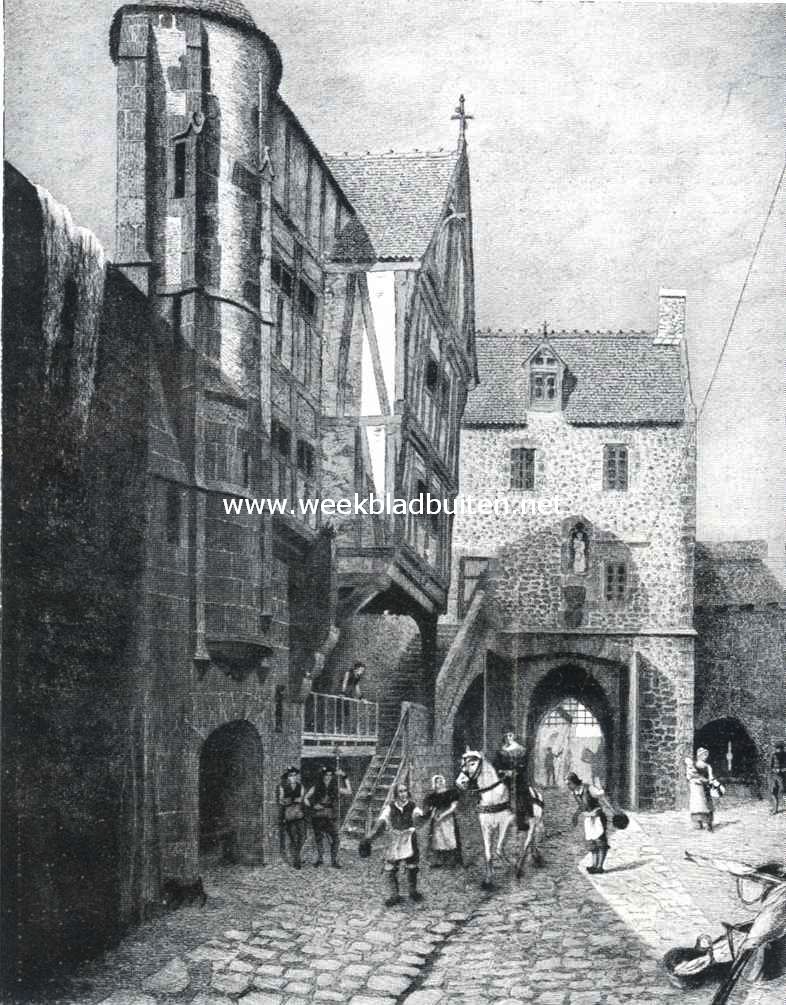 De Mont Saint-Michel. Maison de l' Arcade en Porte de Roy (15e eeuw). Naar de ets van Henri Voisin. Deze gebouwen zijn ongeveer in denzelfden staat bewaard gebleven