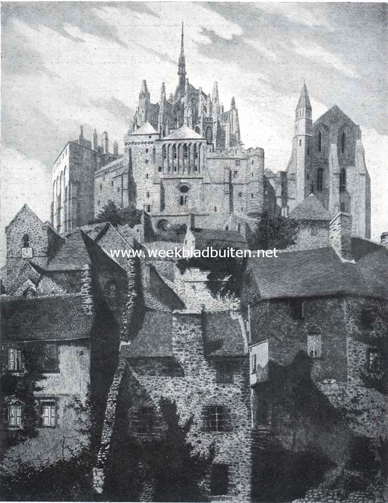 De Mont Saint-Michel. Oude huizen van het dorpje aan den voet der abdij vr hun moderniseering. Links het dorpskerkje. Naar de ets van Henri Voisin
