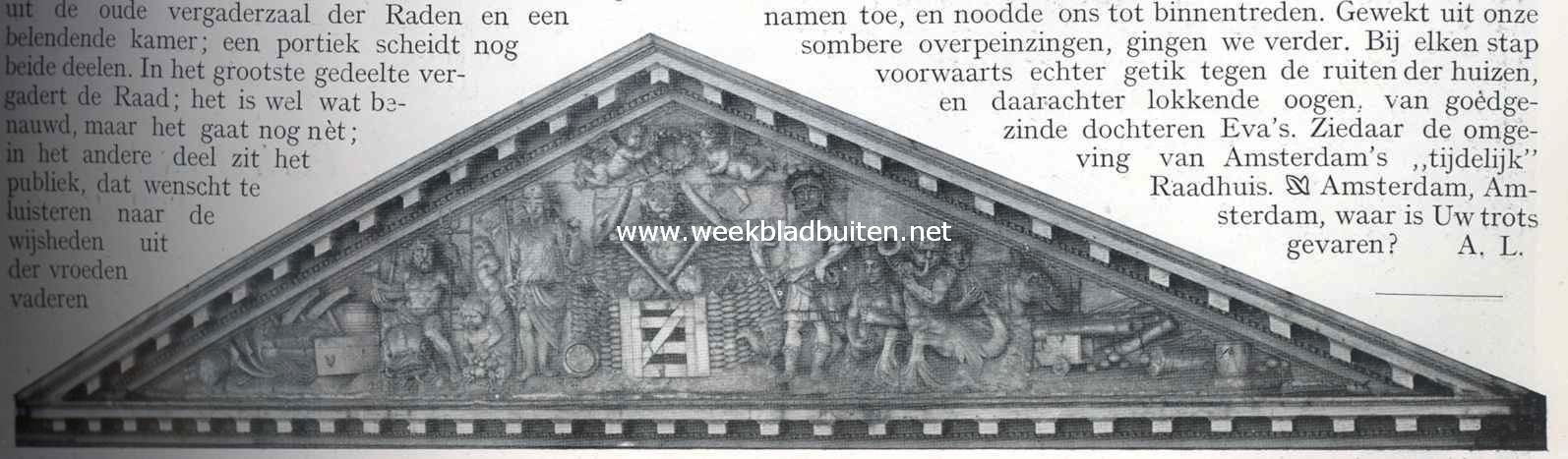 Het Prinsen- of Admiraliteitshof. Frontispies van het Prinsenhof, hoofdgebouw, voorstellende den Hollandschen leeuw in den tuin met de ankers der admiraliteit, geflankeerd door Mars en Justitia