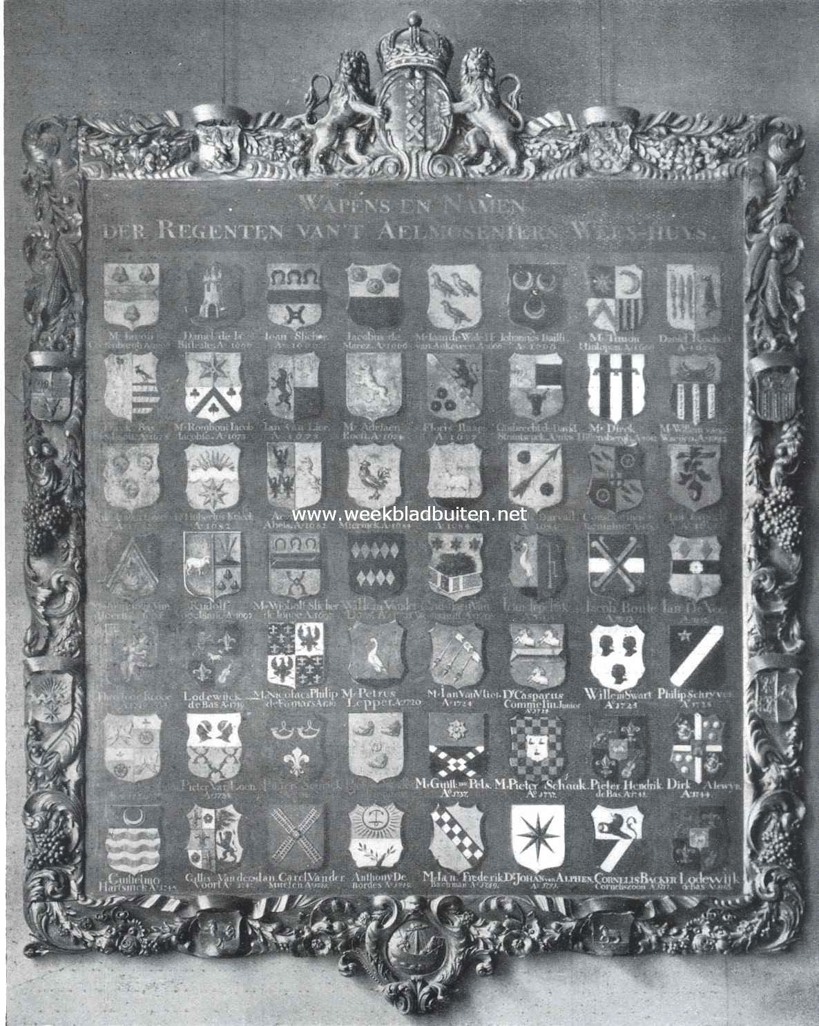 Het Prinsen- of Admiraliteitshof. Wapenbord, afkomstig van het Aalmoezeniers-Weeshuis, in een der vertekken van het Prinsen- of Admiraliteitshof