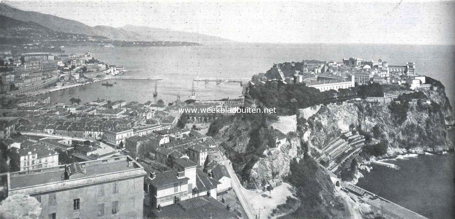 Van Nice naar Menton. Monaco en Monte Carlo, op den achtergrond Cap Martin en de Rochers Rouges te Menton (Italiaansche grens), nog verder de Ligurische Alpen en Bordighera