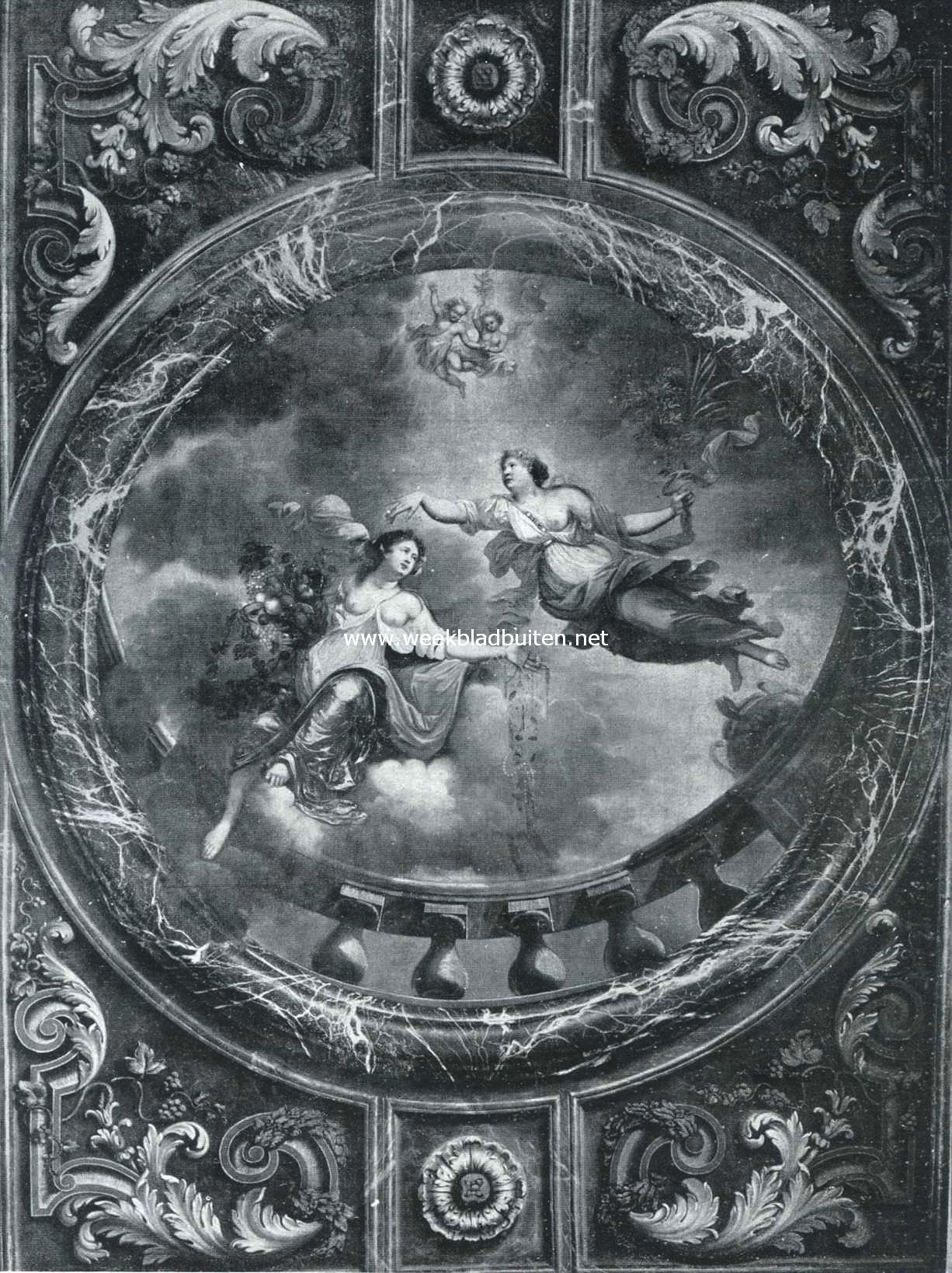 Plafond, afomstig van een der afgebroken huizen bij de Hagsche Gevangenpoort, geschilderd door Danil Haringh, en thans in het Gemeentemuseum der Hofstad