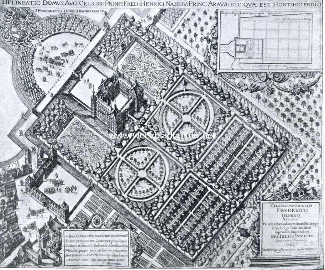 Het Huis Honselerdijk. Het Huis Honselerdijk, vr de verbouwing van 1646 met zijn tuinen. Naar de prent van Balthasar Florisz van Berckerode