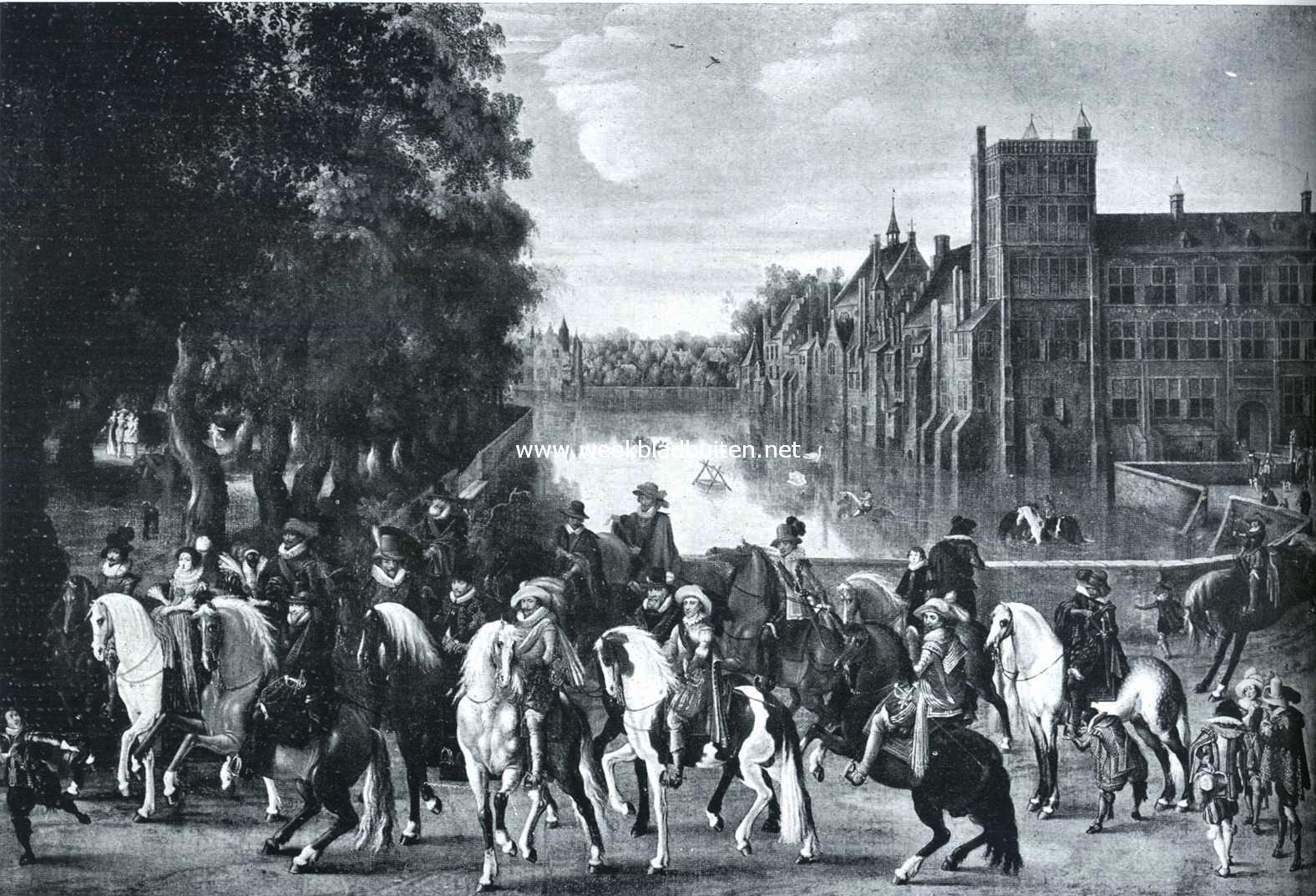 Het Binnenhof. De Oranjevorsten op het Buitenhof (eerste helft der zeventiende eeuw). Op den achtergrond de achterste poort en de gebouwen van het Binnenhof. Naar de schilderij van P. van Hillegaert in het Mauritshuis