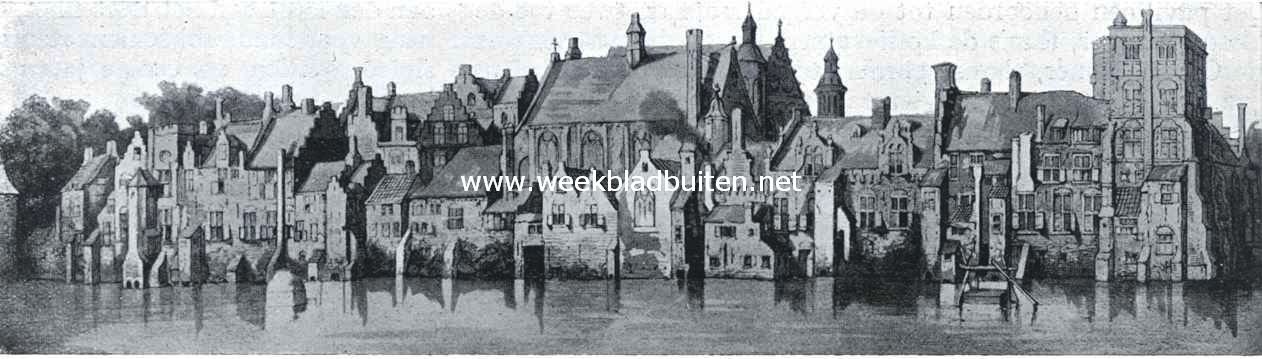 Het Binnenhof. De Buitenhof-gebouwen aan den Vijver, omstreeks 1600. In het midden de Hofkapel; daarachter de Groote Zaal