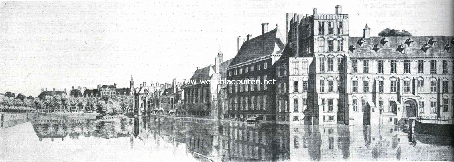 Het Binnenhof. Gezicht op den Vijver en de Binnenhofgebouwen in de 19e eeuw, vr de slooping van de Hofkapel. Rechts de behuizing der Eerste Kamer met de Stadhouderspoort