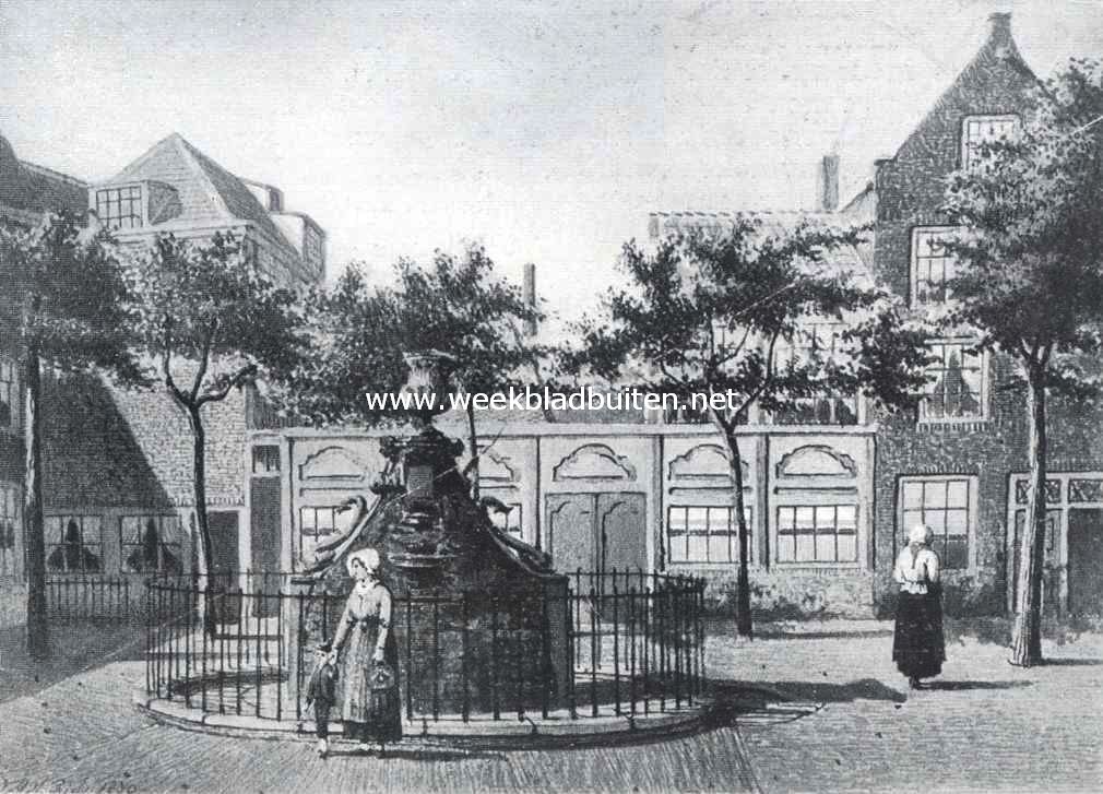 Oude doolhoven te Amsterdam. De binnenplaats van 't oude doolhof met de Italiaansche fontein. Naar een aquarel van J.M.A. Rieke, 1870