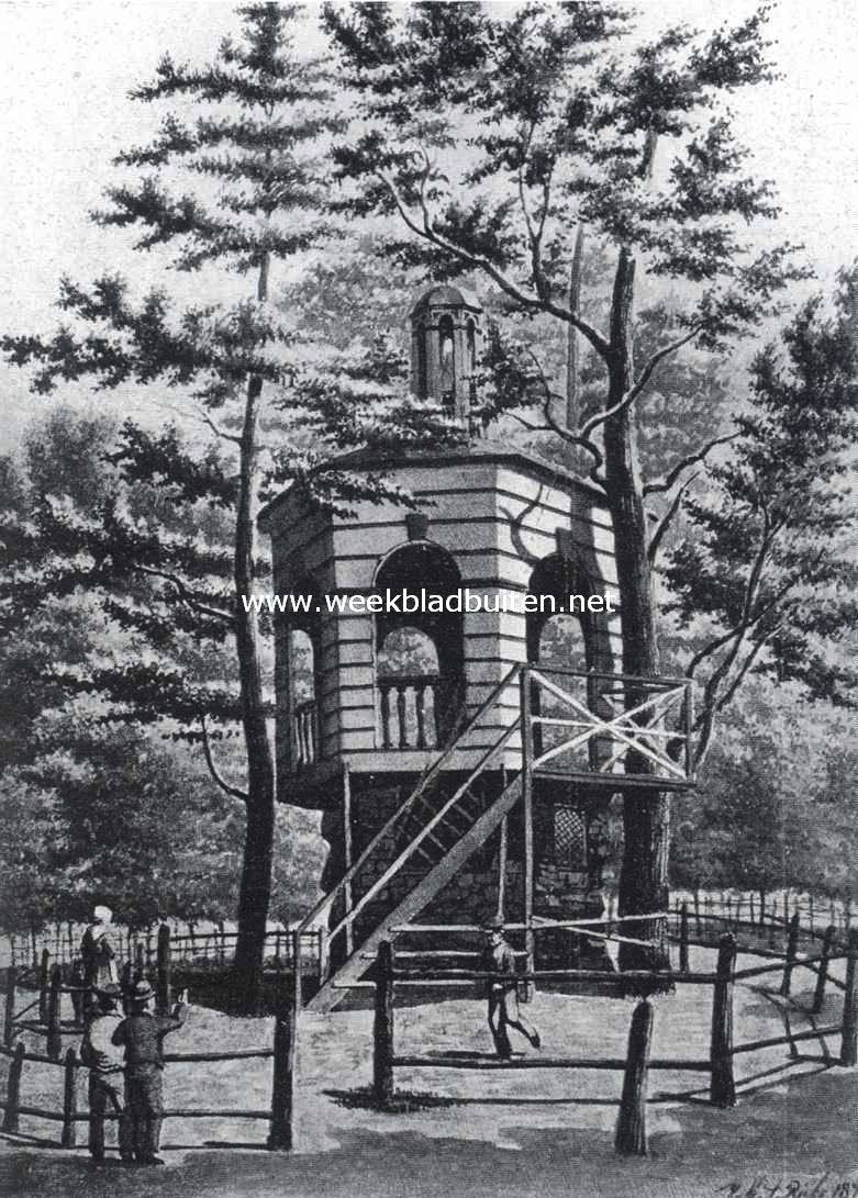 Oude doolhoven te Amsterdam. Het verlaten doolhof, met het overgebleven torentje in het midden. Naar een aquarel van J.M.A. Riek