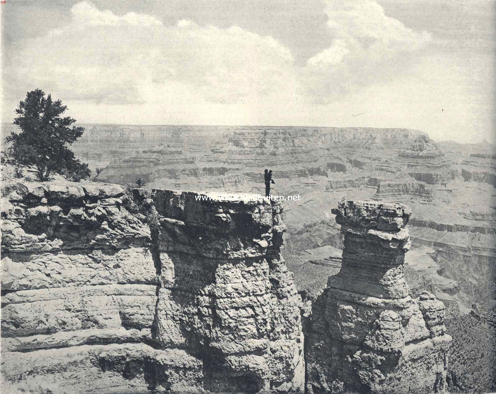 De natuurmonumenten in den staat Arizona. Merkwaardige rotsvormen, op den achtergrond de 