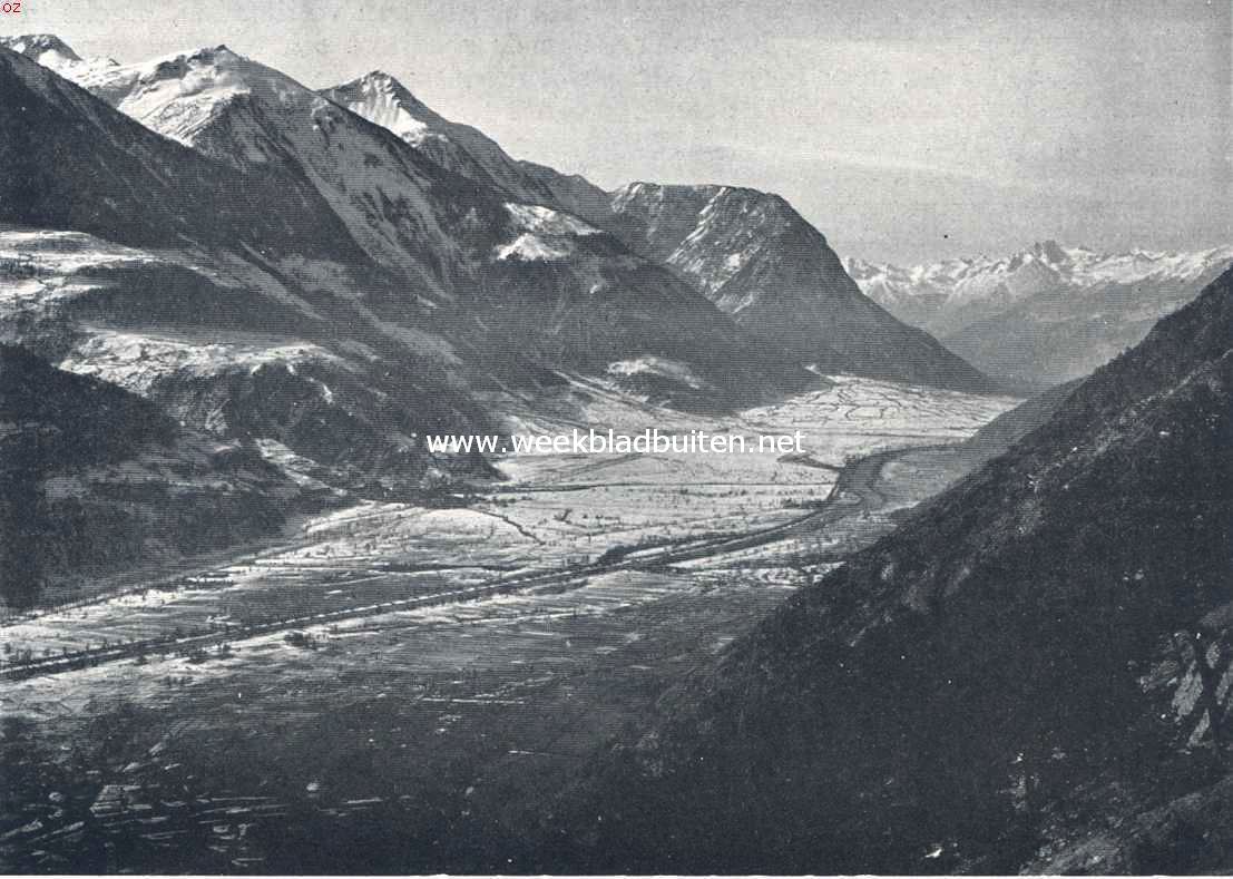 De Ltschberg-spoorweg. Gezicht van den Ltschberg-spoorweg op het Rhonedal