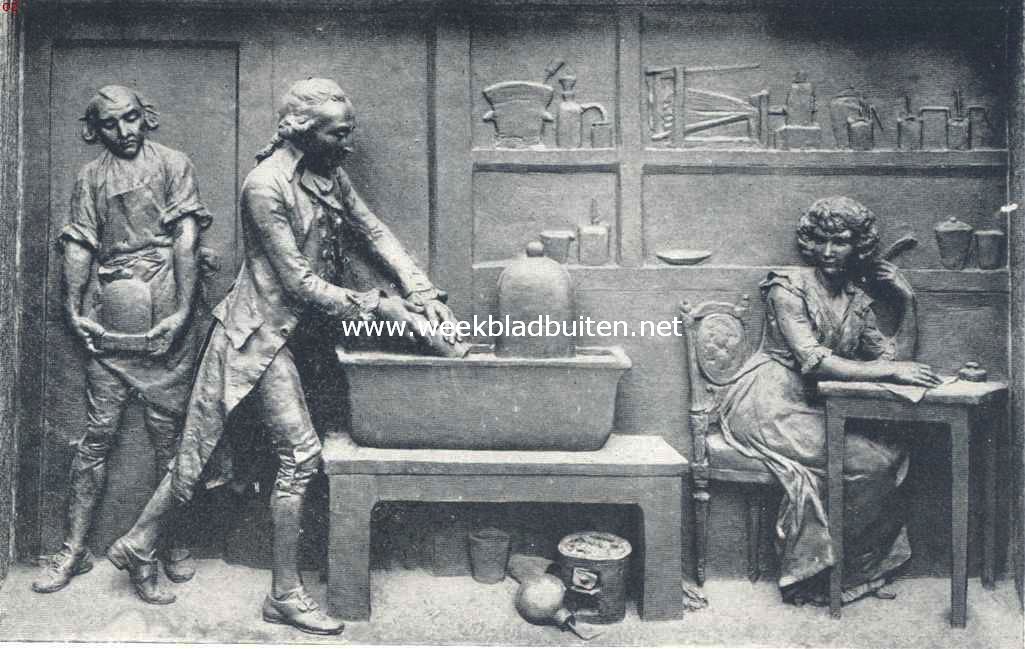 Relief op het monument van Lavoisier: de geleerde in zijn laboratorium; aan de tafel madame Lavoisier