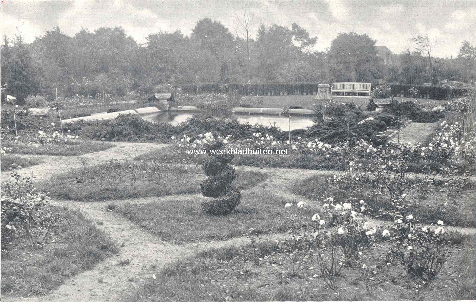 Het moderne landhuis. Vijver met rosarium