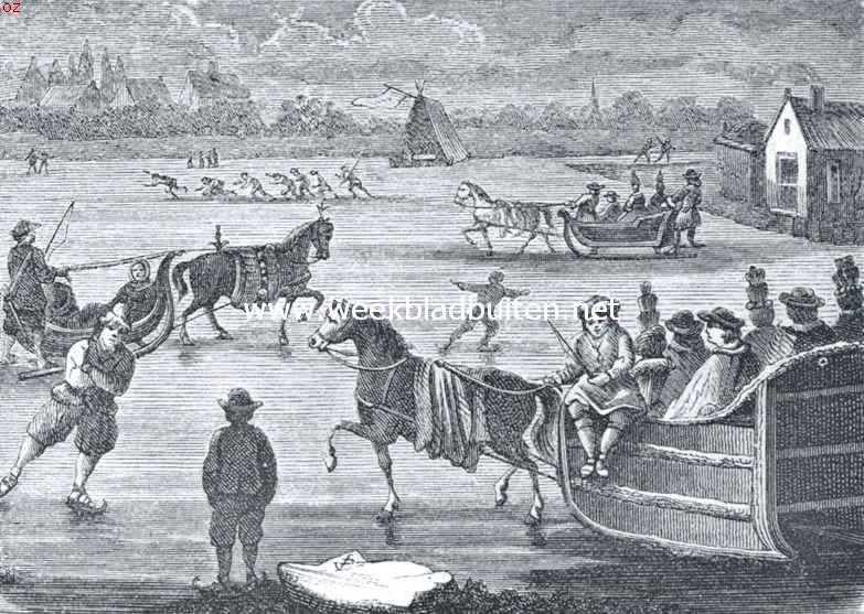 Koude winters en ijsvermaak in vroeger dagen. IJssleden. Rechts een groote slee, een soort diligence op 't ijs. Links een narreslee. Naar gravures van J. van Lamsvelt (einde 17e eeuw)