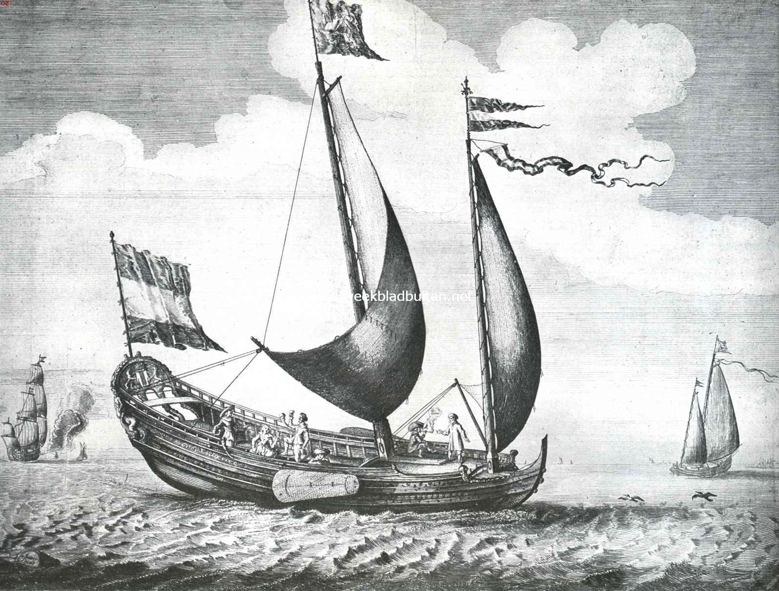 Iets over zeiljachten. Speeljacht uit de eerste helft der zeventiende eeuw. Gravure van Salomon Savary (Nederlandsch Historisch Scheepvaart-Museum)