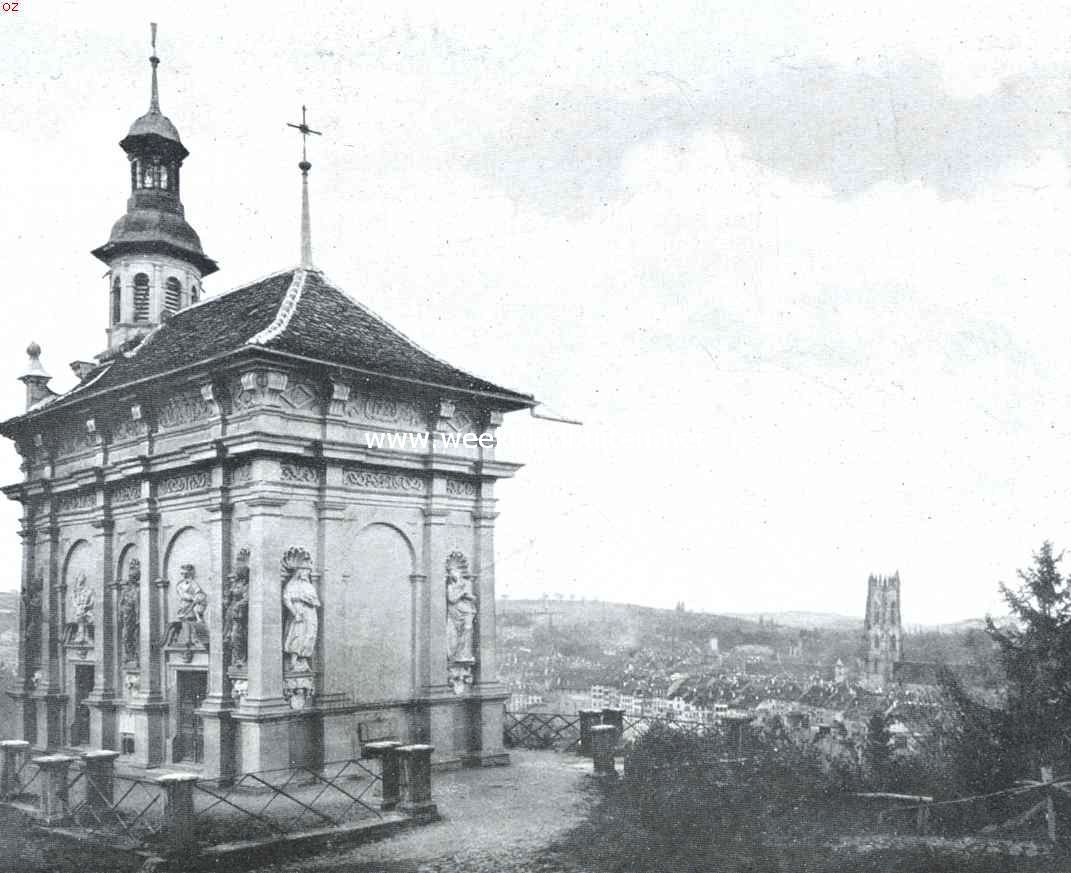 Gezicht op Fribourg van de Chapelle de Lorette af
