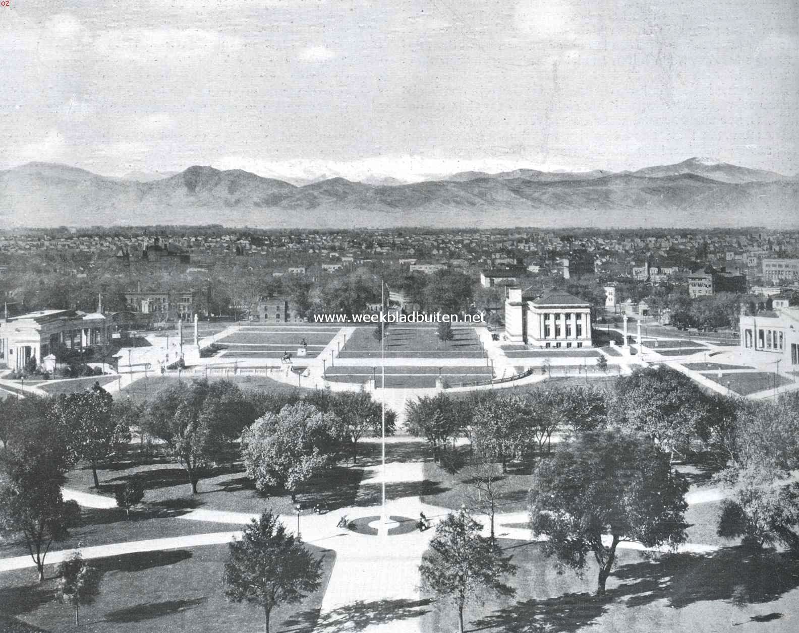 Denver. Gezicht op Denver, de hoofdstad van den Amerikaanschen staat Colorado. Op den achtergrond de keten van het Rotsgebergte
