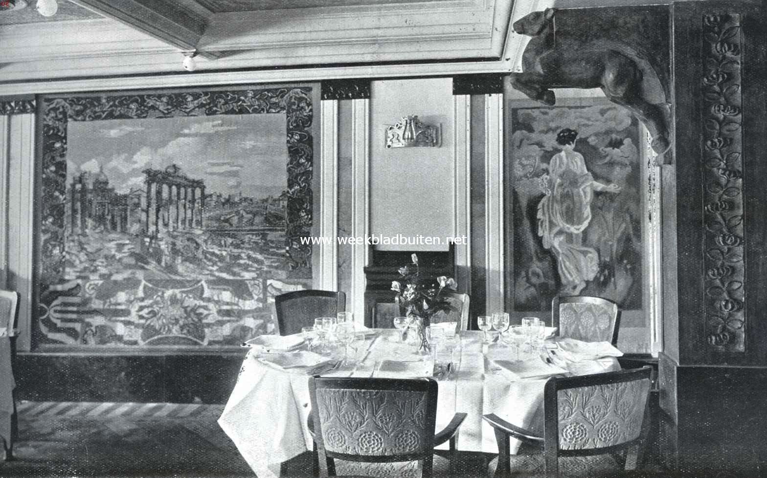 Hoekje in den eetsalon 1e klasse, met eenige fraaie gobelins, rechts een der zes dekstukken, bekleed met een bronzen versiering